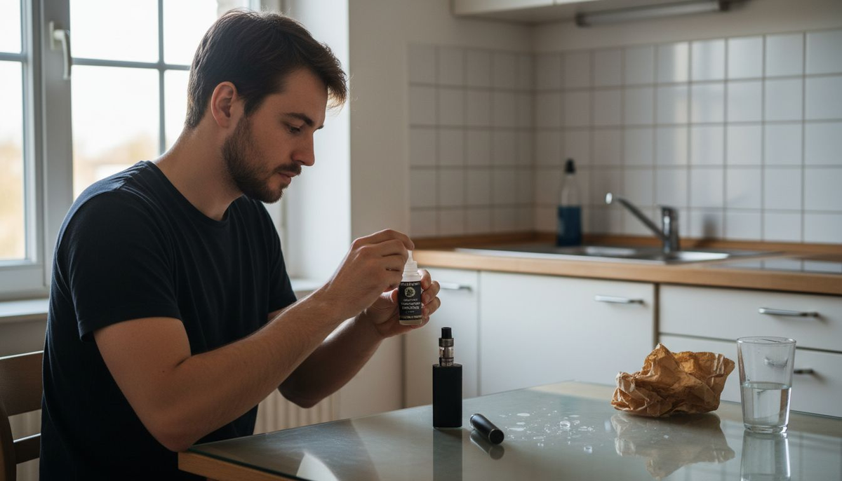 Ein junger Mann füllt seine E-Zigarette mit Liquid nach.