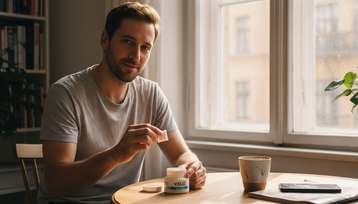 Ein junger Mann genießt entspannt einen Nikotinbeutel in seinem Wohnzimmer.