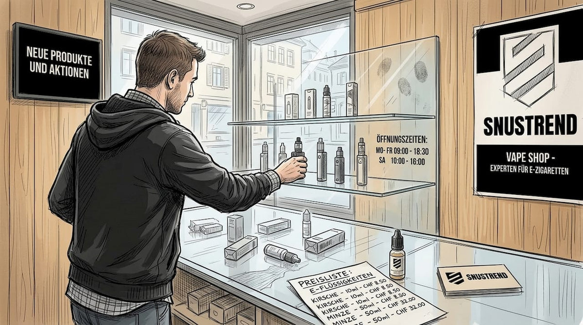 Ein Mitarbeiter eines Schweizer Vape-Shops räumt gerade das Warenregal ordentlich ein.
