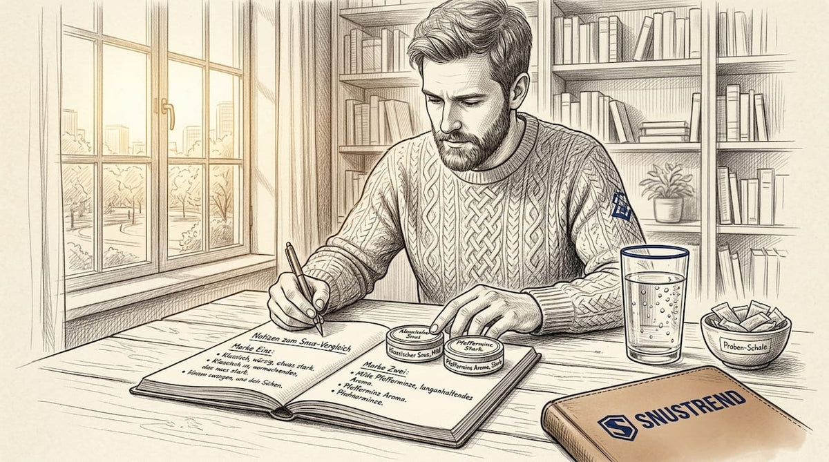 Ein Mann sitzt am Küchentisch und vergleicht verschiedene Snus-Dosen miteinander.