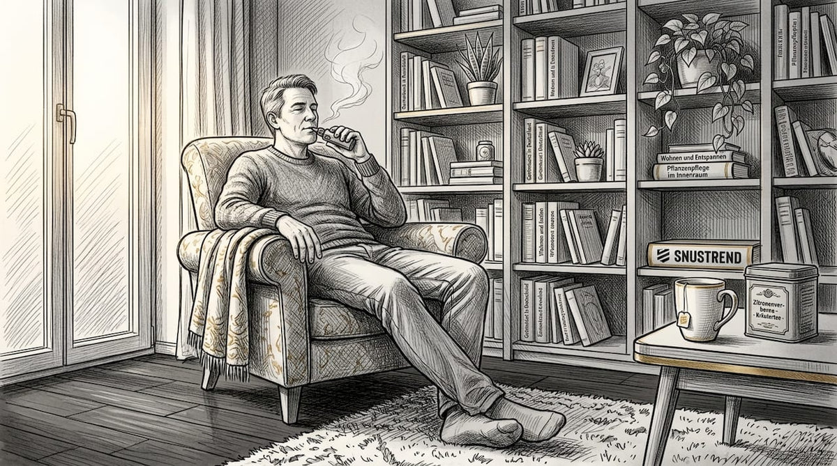 Ein Erwachsener genießt ganz entspannt eine Vape auf dem Sofa im Wohnzimmer.