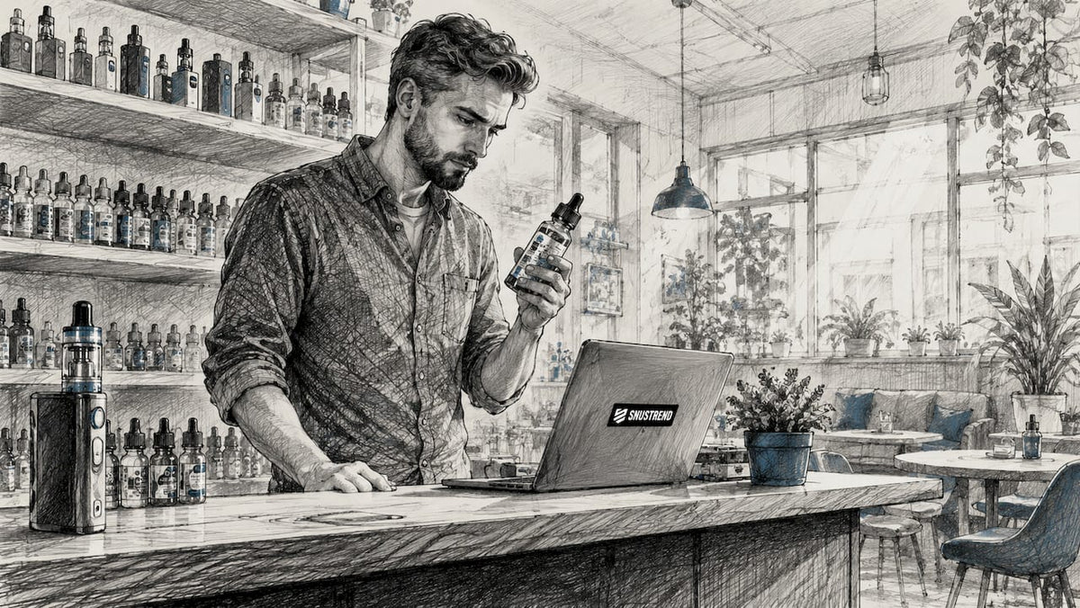 Der Inhaber eines Vape-Shops prüft eine Flasche Liquid.
