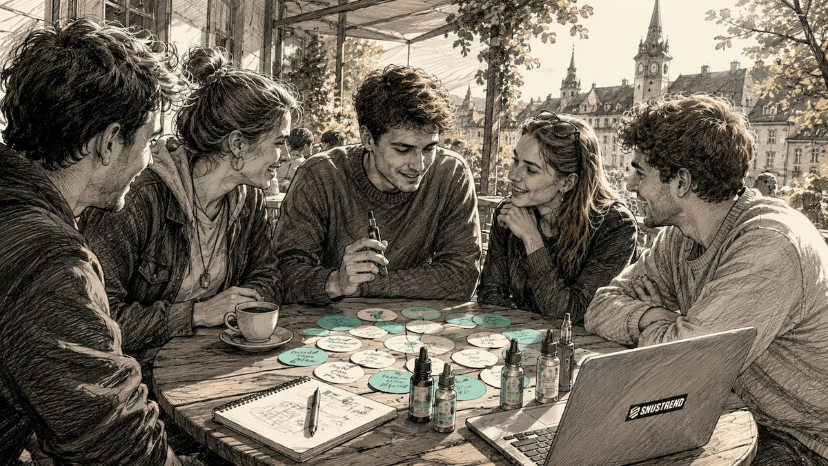 Ein Mitglied der Schweizer Vape-Community im regen Austausch mit anderen Gleichgesinnten