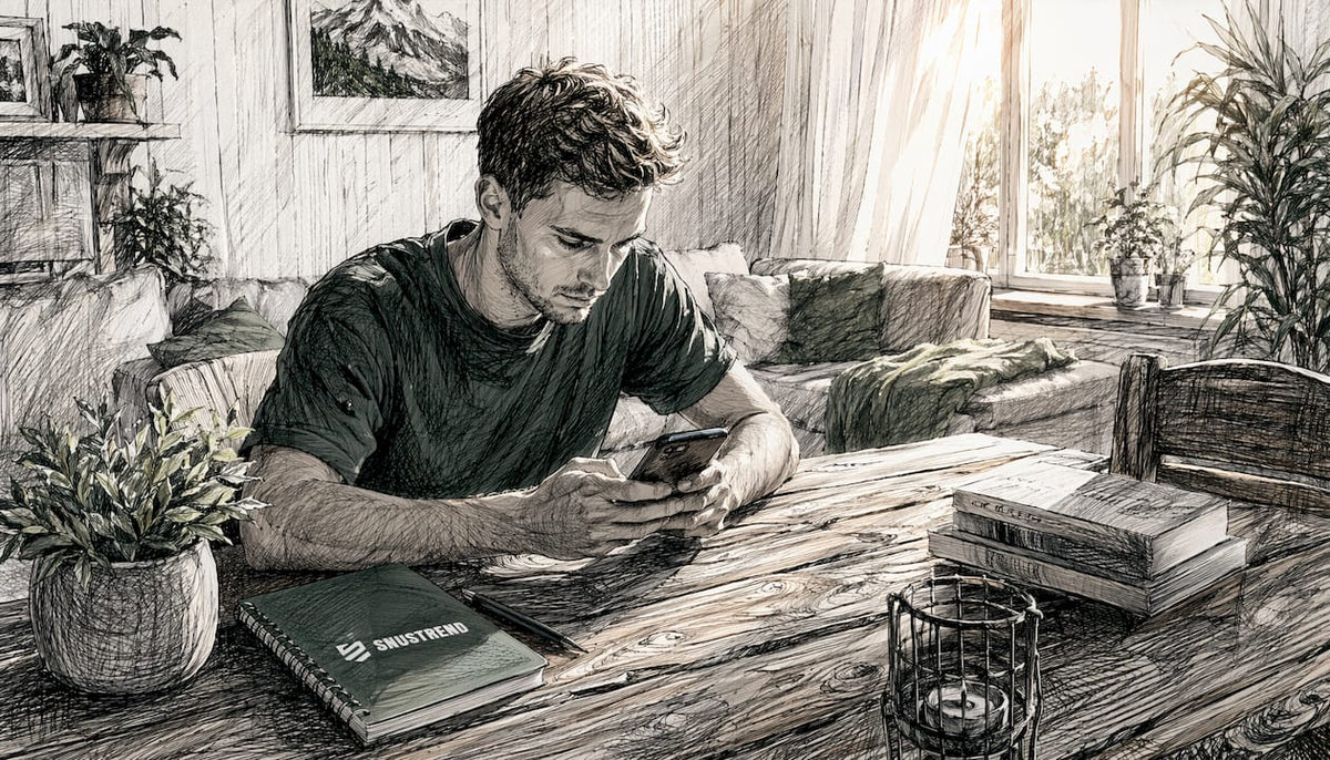 Eine Person sitzt am Tisch und stöbert im Online-Shop nach Snus und E-Zigaretten.