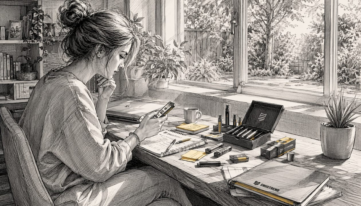 Eine Frau informiert sich auf ihrem Tablet über Alternativen zu Snus.