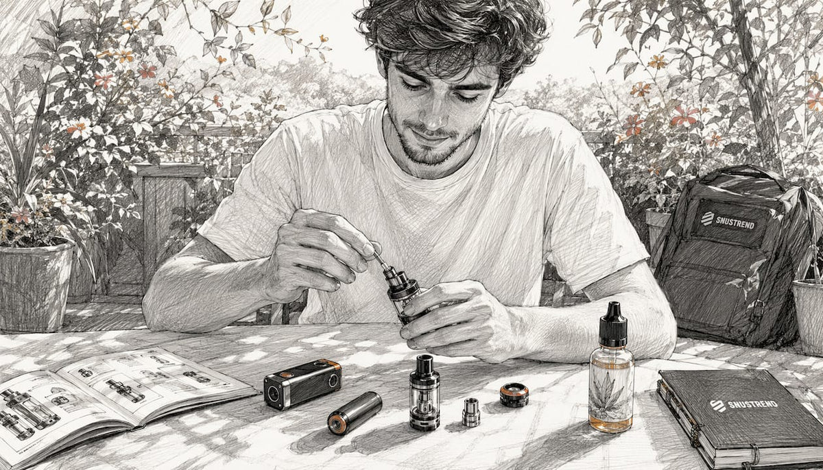 Ein Mann schraubt sein Vape-Gerät am Küchentisch zusammen.