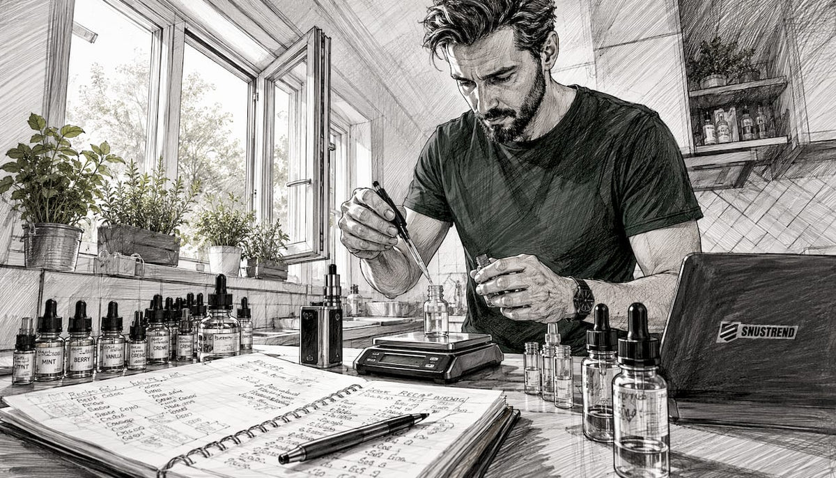 Ein Mann sitzt am Tisch und mischt verschiedene Aromen für sein E-Liquid zusammen.