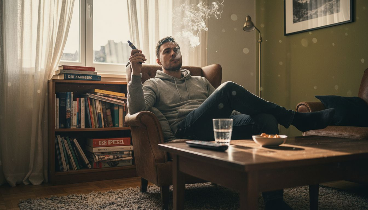 Ein Mann genießt entspannt seine E-Zigarette im gemütlichen Wohnzimmer.