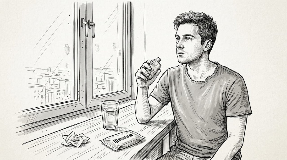 Ein junger Mann sitzt in seiner Wohnung und hält eine Elf Bar NX7000 in der Hand.
