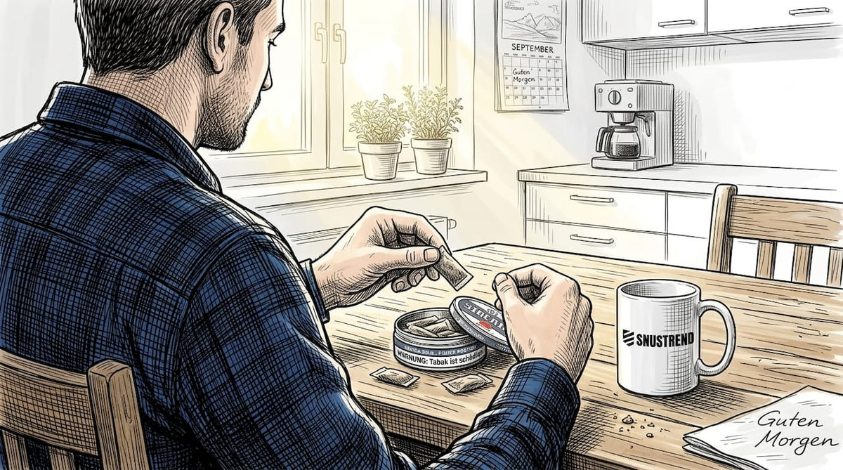 Im Küchenlicht öffnet jemand eine Dose Siberia Snus.