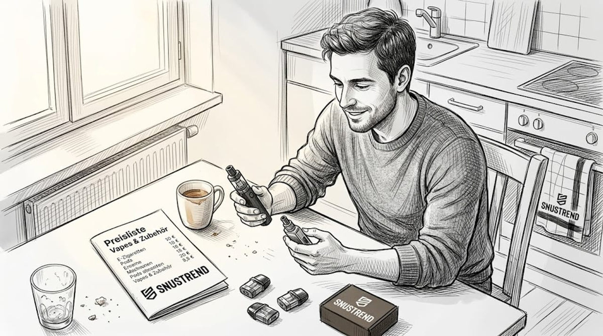 Ein Mann sitzt am Küchentisch und vergleicht verschiedene E-Zigaretten miteinander.