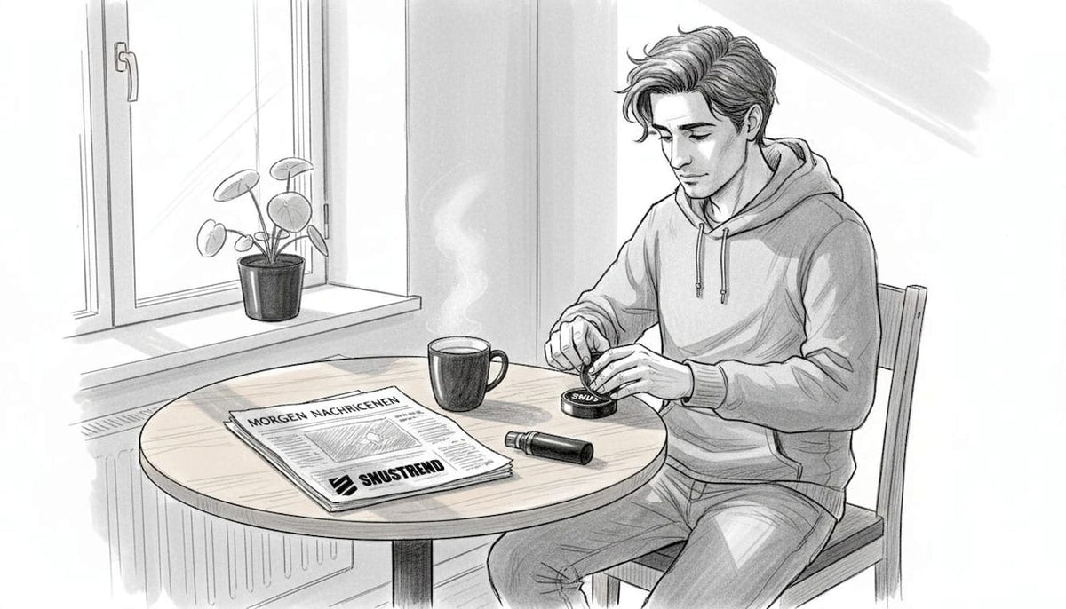 Ein Mann sitzt am Küchentisch und öffnet eine Dose Snus.
