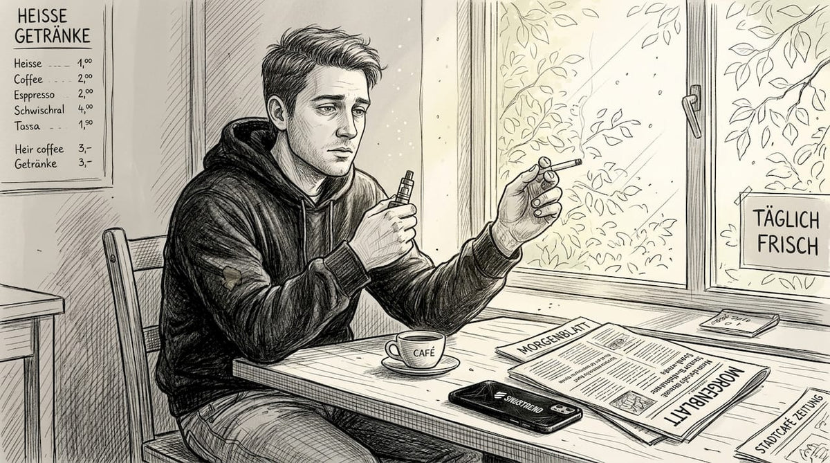 Ein Mann sitzt im Café und hat sowohl eine E-Zigarette als auch eine normale Zigarette in der Hand.
