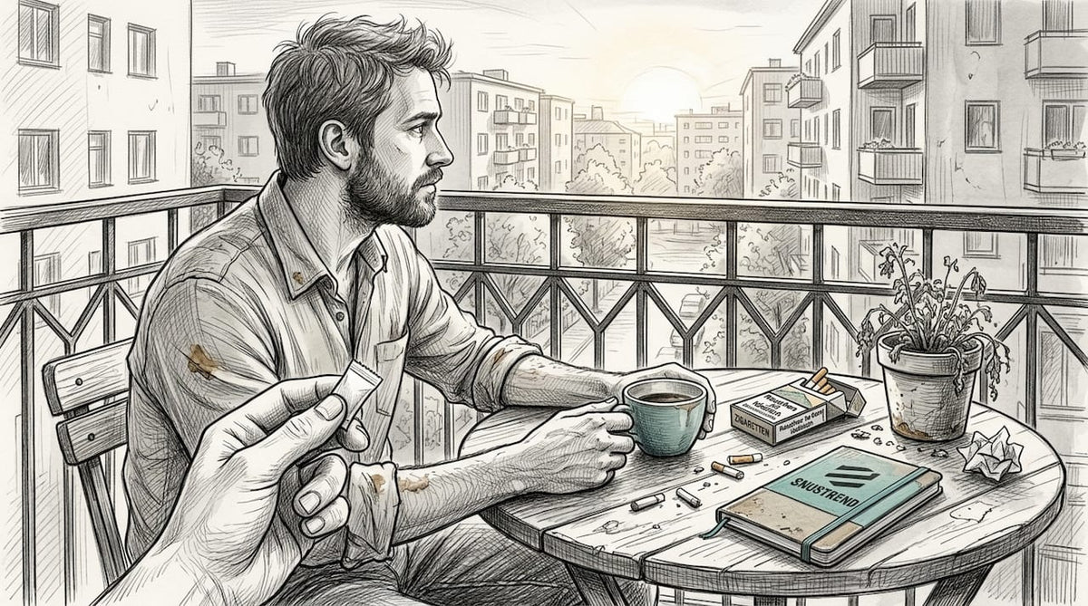 Ein Mann sitzt auf dem Balkon und zieht den Vergleich zwischen Snus und Zigaretten.