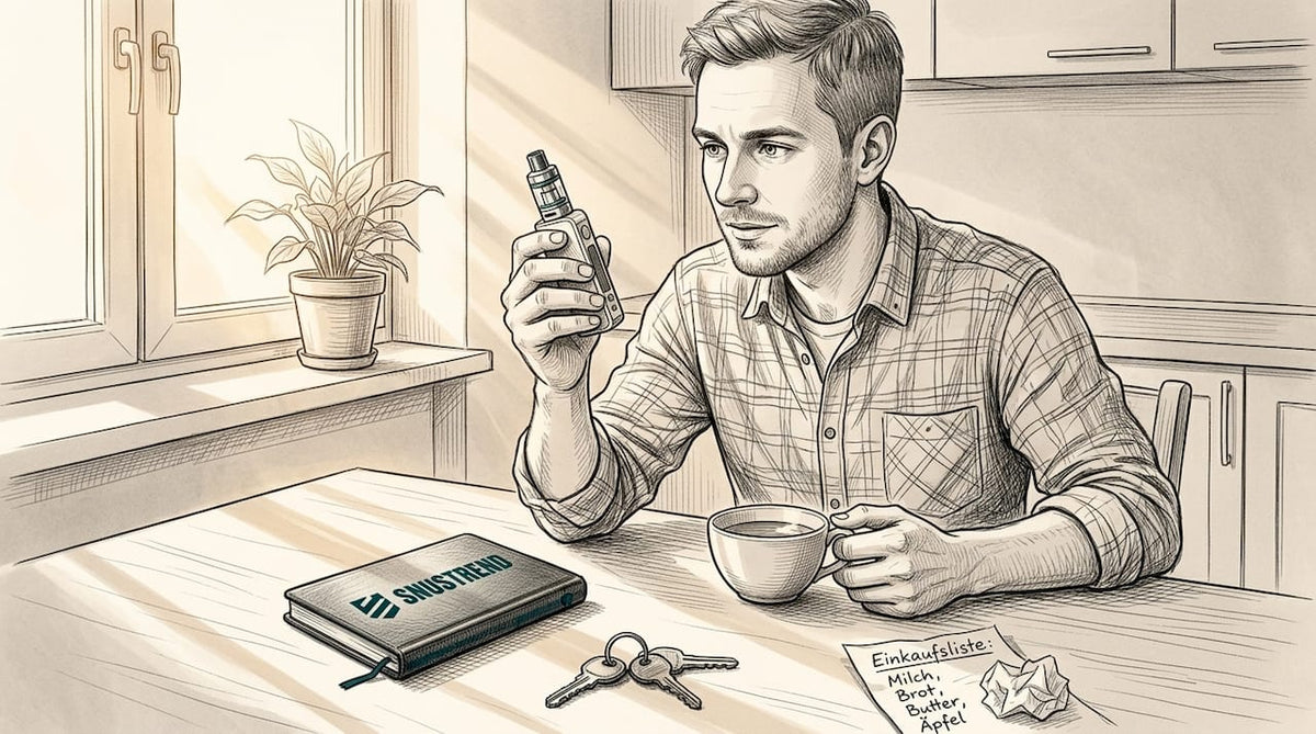 Ein Mann inspiziert seinen Vape-Pod am Küchentisch.