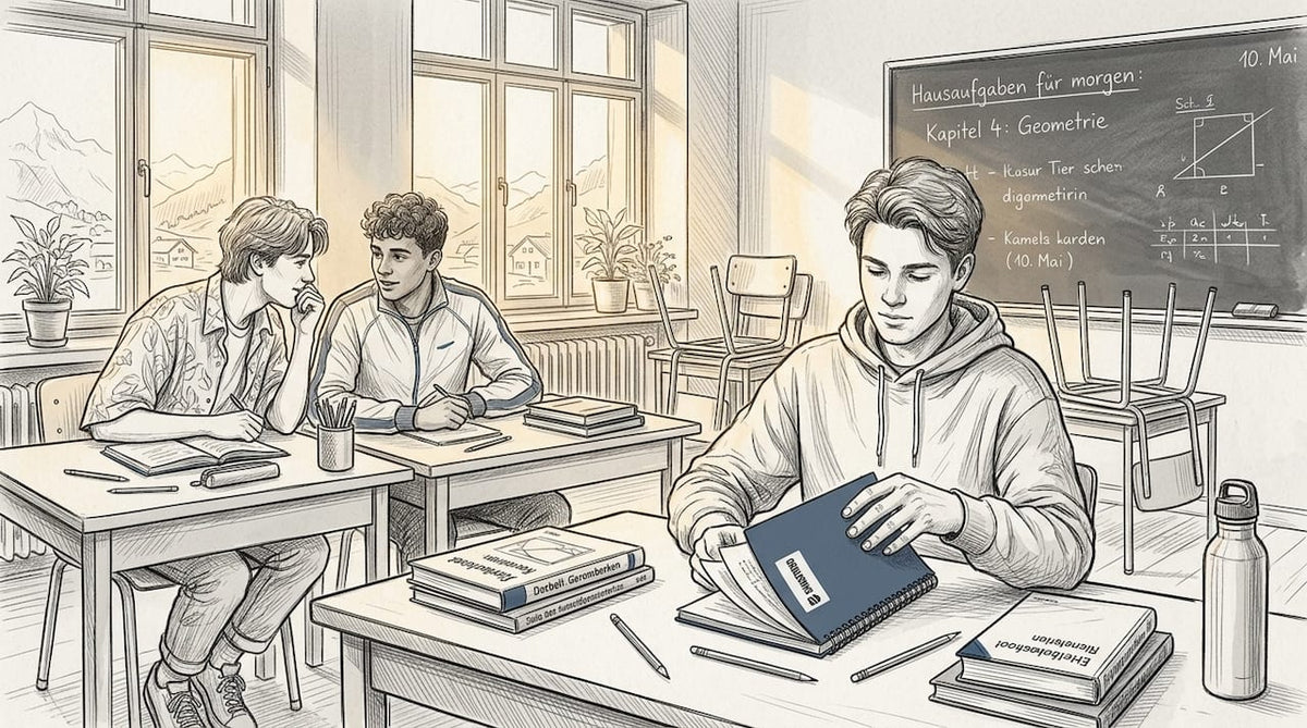 Ein paar Jugendliche lümmeln entspannt im Klassenzimmer herum.