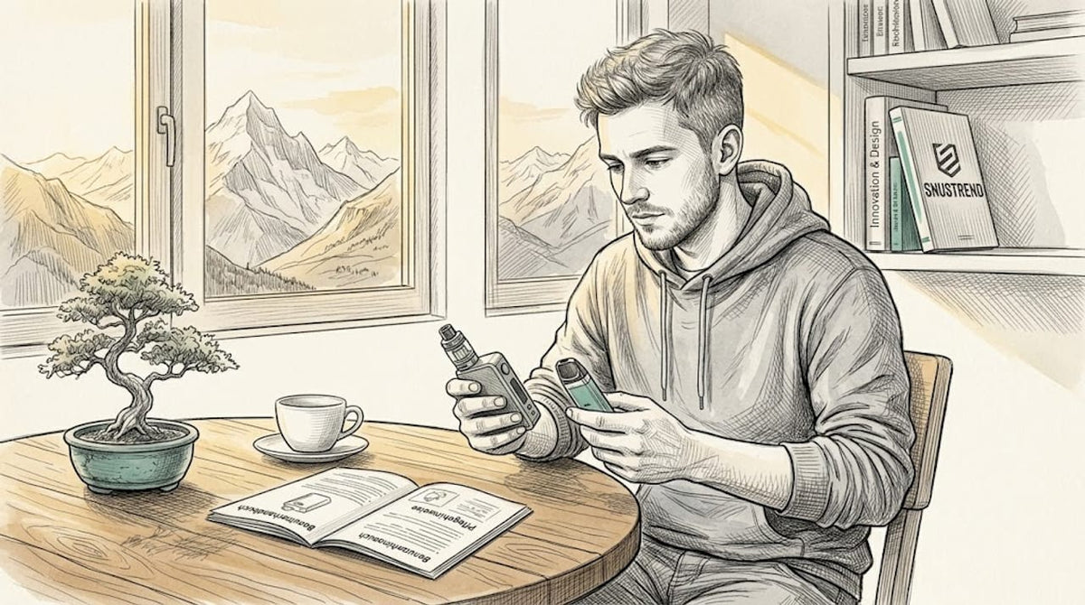 Ein Mann sitzt am Küchentisch und vergleicht verschiedene E-Zigaretten miteinander.