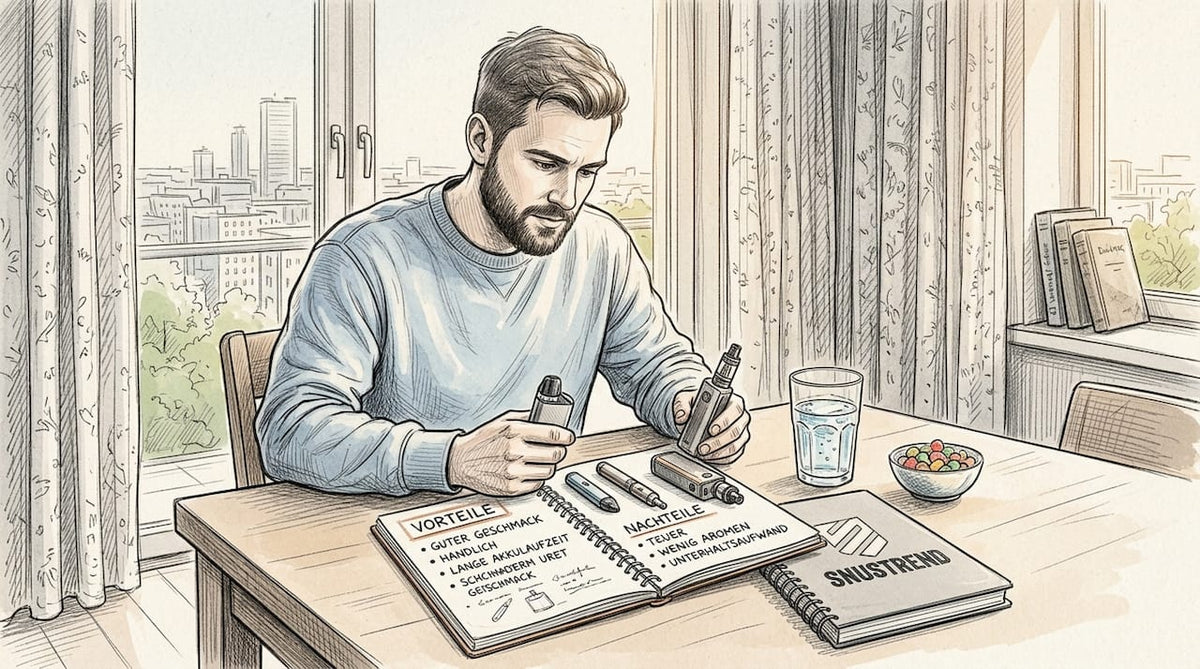 Ein Mann sitzt am Küchentisch und vergleicht verschiedene E-Zigaretten miteinander.