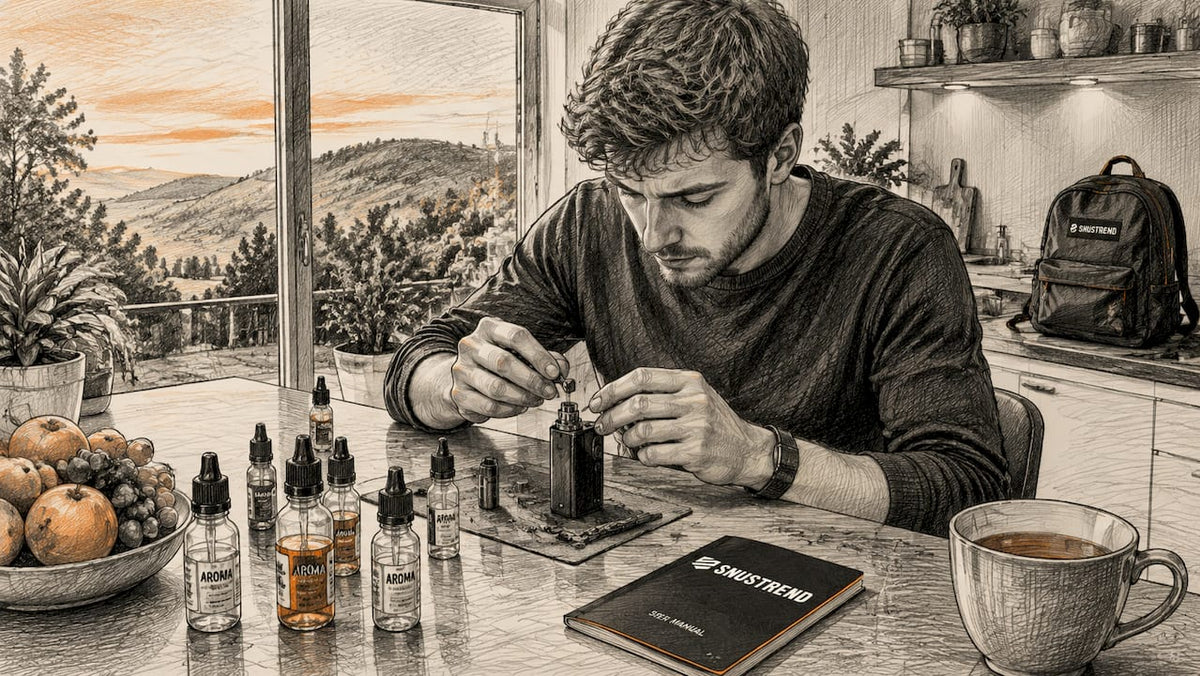 Eine Person stellt ihr Vape-Gerät auf einem Holztisch ein.