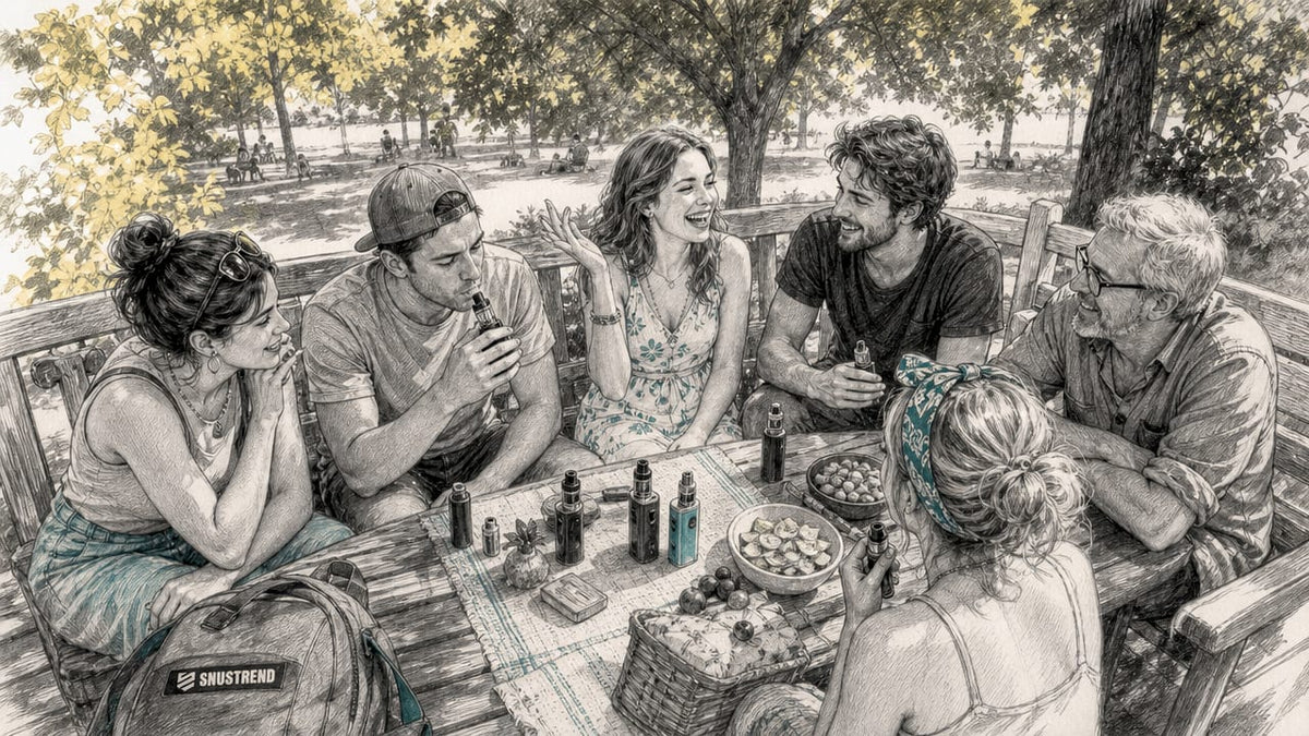 Eine Gruppe von Dampfern trifft sich draußen am Café-Tisch zum Austausch und gemeinsamen Plaudern.