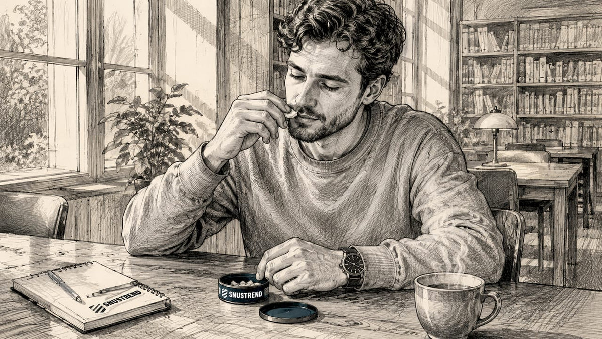 Ein Mann genießt unauffällig einen Nikotinbeutel beim Kaffeetrinken im Café.