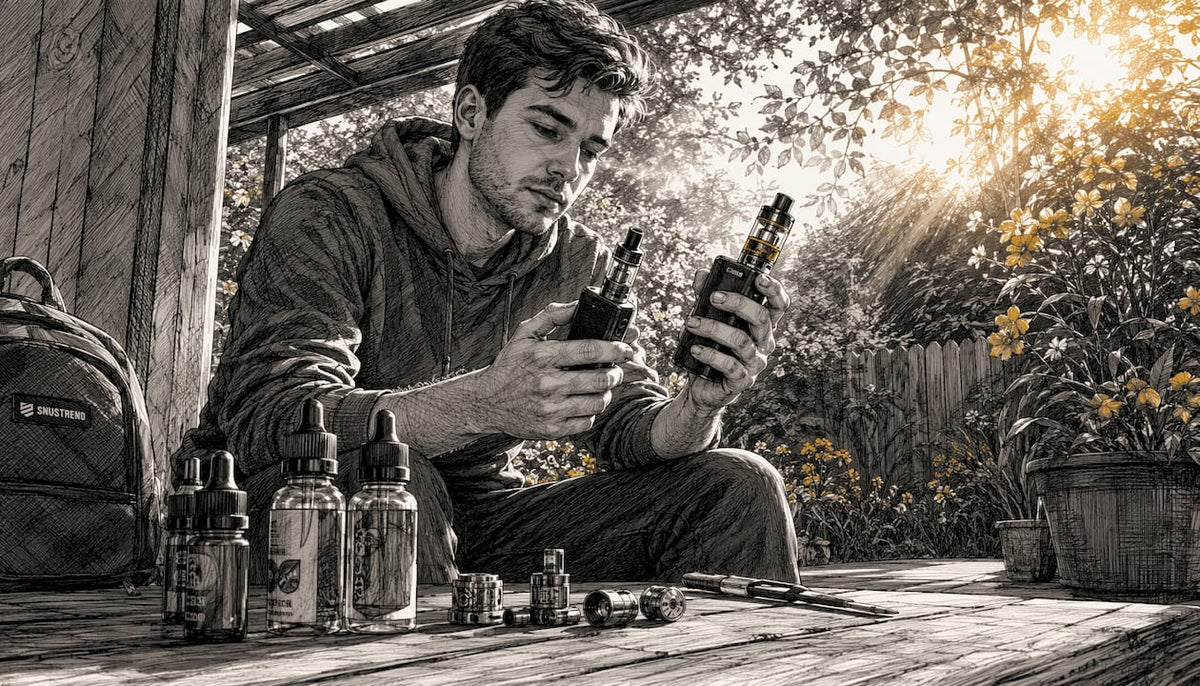 Eine Person sitzt am Schreibtisch und prüft verschiedene E-Zigaretten, um herauszufinden, welches Modell am besten zu ihren Bedürfnissen passt.