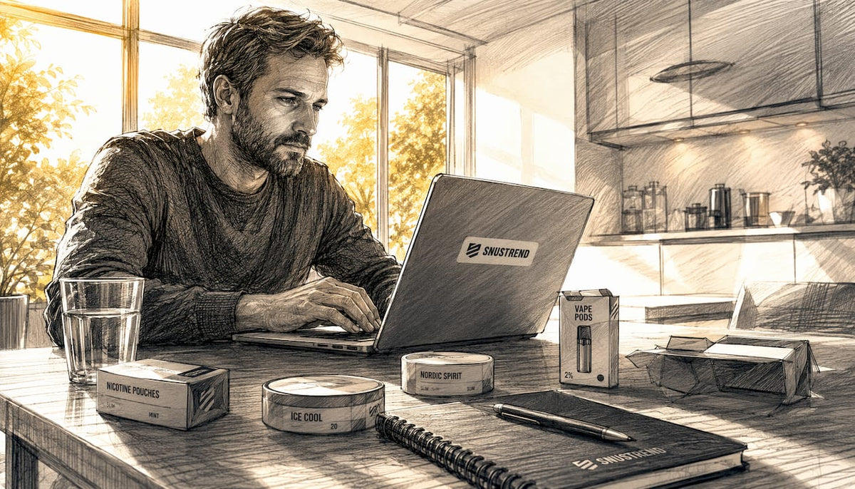 Ein Mann informiert sich zuhause im Internet über Snus und E-Zigaretten.